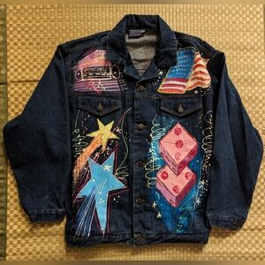 Vintage SportDeco Hand Painted Oversized Denim Jacket Size Small